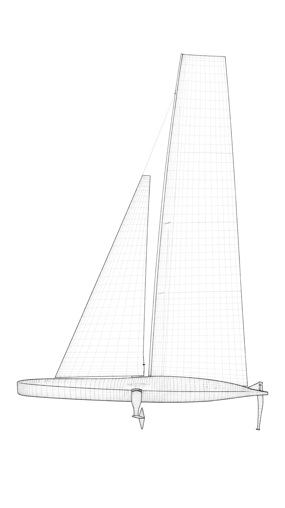 Technical line drawing of an AC75 racing yacht